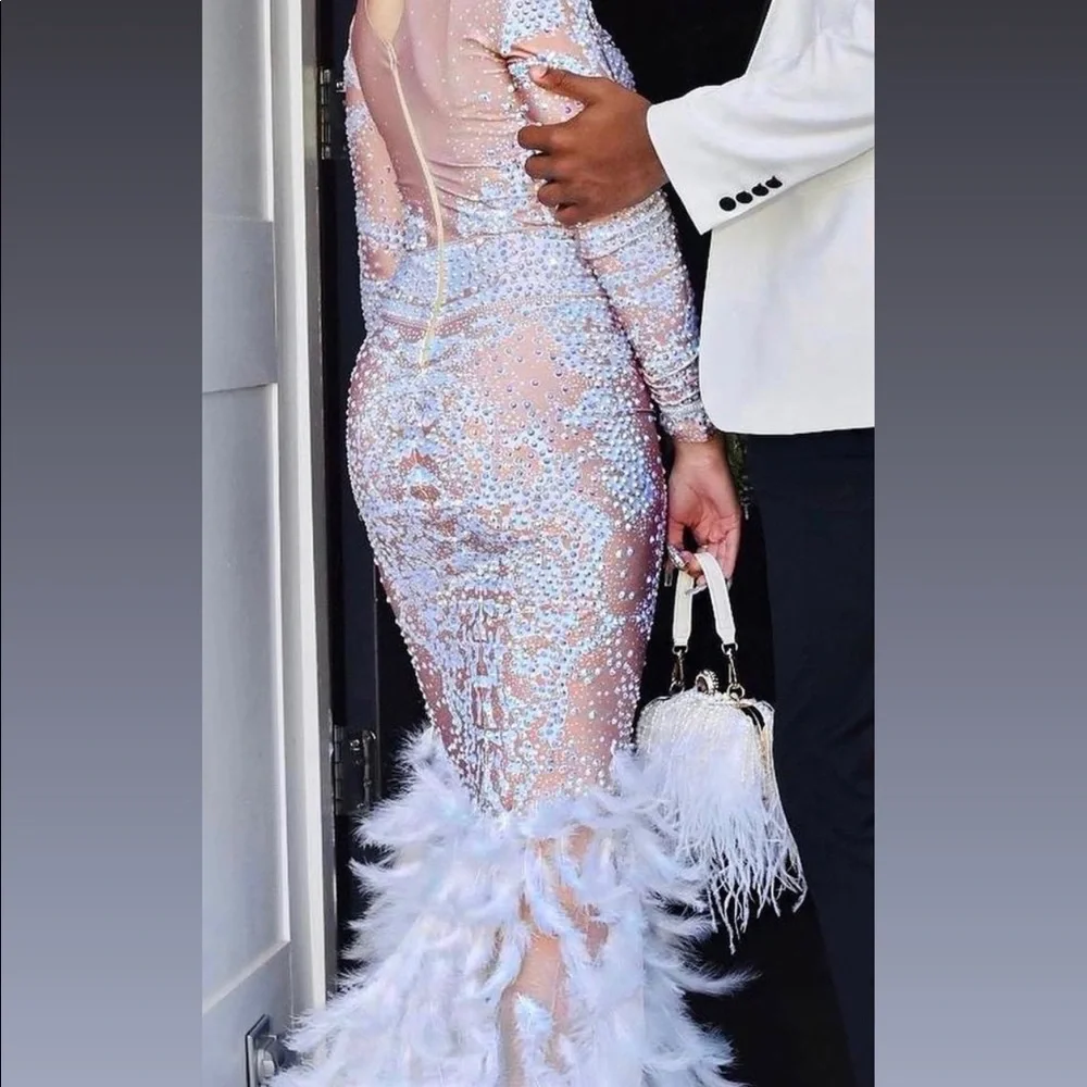 Stunning Sparkly Prom Dress With A White Feathered Train - Picture 4 of 7